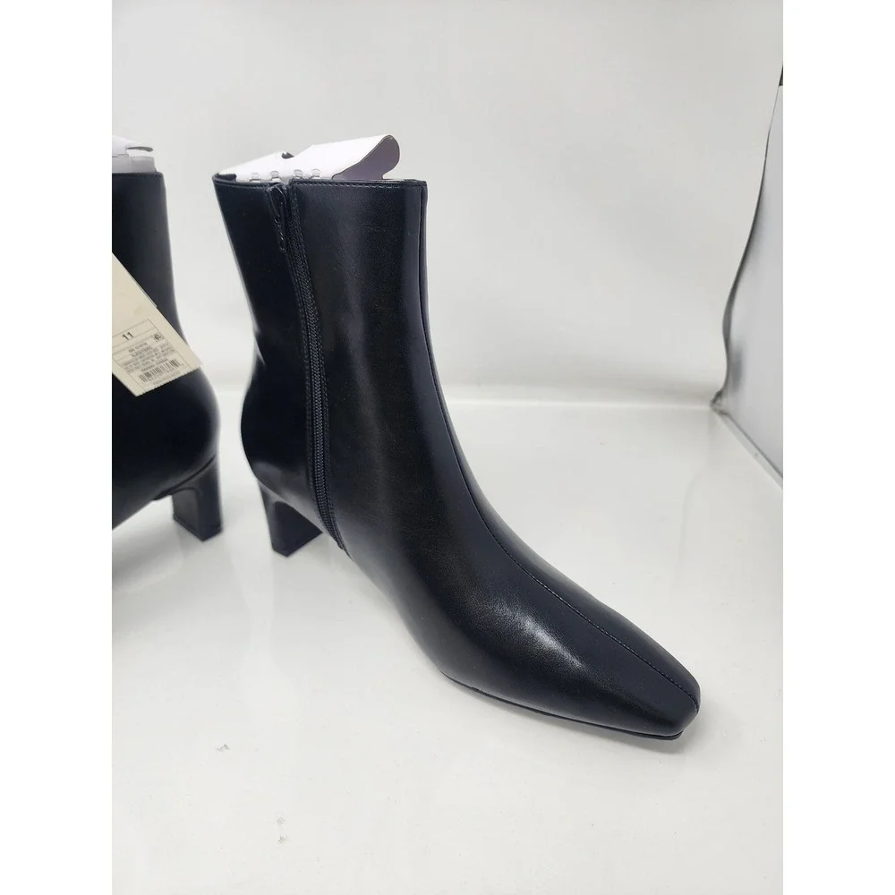 A New Day Womens Square Toe Ankle Boots Black Faux Leather Casual Size 11